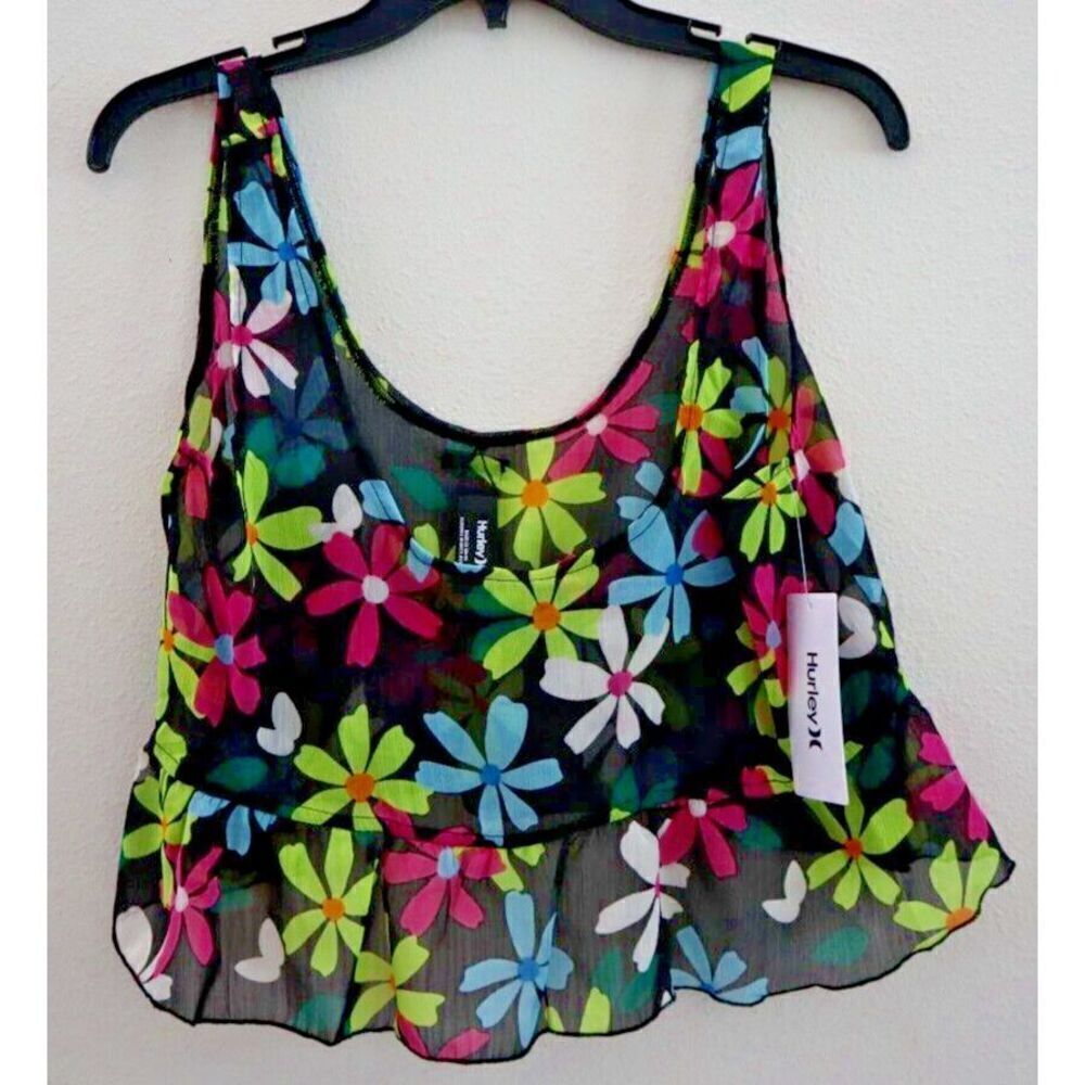 Hurley HC0169 Women's Sz Small Pink Punch Sheer Daisy Pop Flounce Tank Top